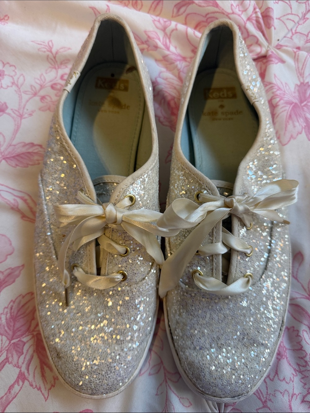 kate spade Sparkle Ribbon Lace-Up Sneakers in Ivory